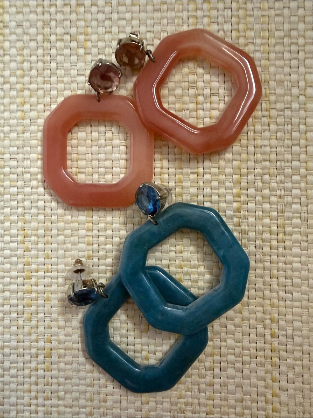 Anthropologie Geometric Drop Earrings in Coral and Teal